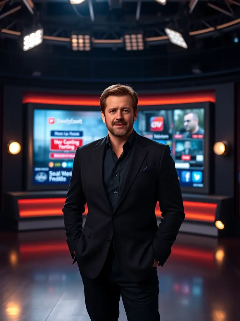 A high-quality image of Michael Rexton in a studio setting, confidently addressing the camera, with graphics representing news and social media feeds subtly in the background.