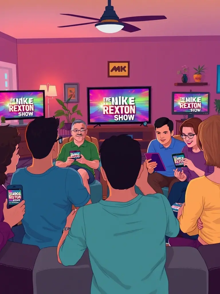 A visually engaging image showcasing a diverse group of people watching "The Mike Rexton Show" on various devices (phones, tablets, laptops).
