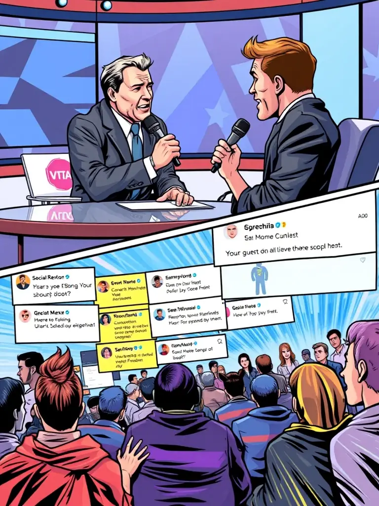 A dynamic image featuring a split screen: on one side, Michael Rexton interviewing a guest; on the other, social media comments and viewer reactions scrolling by.